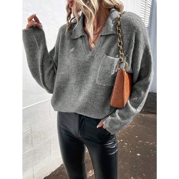 WILA Sweaters - minimalist Pocket oversized collared knit Sweater preppy